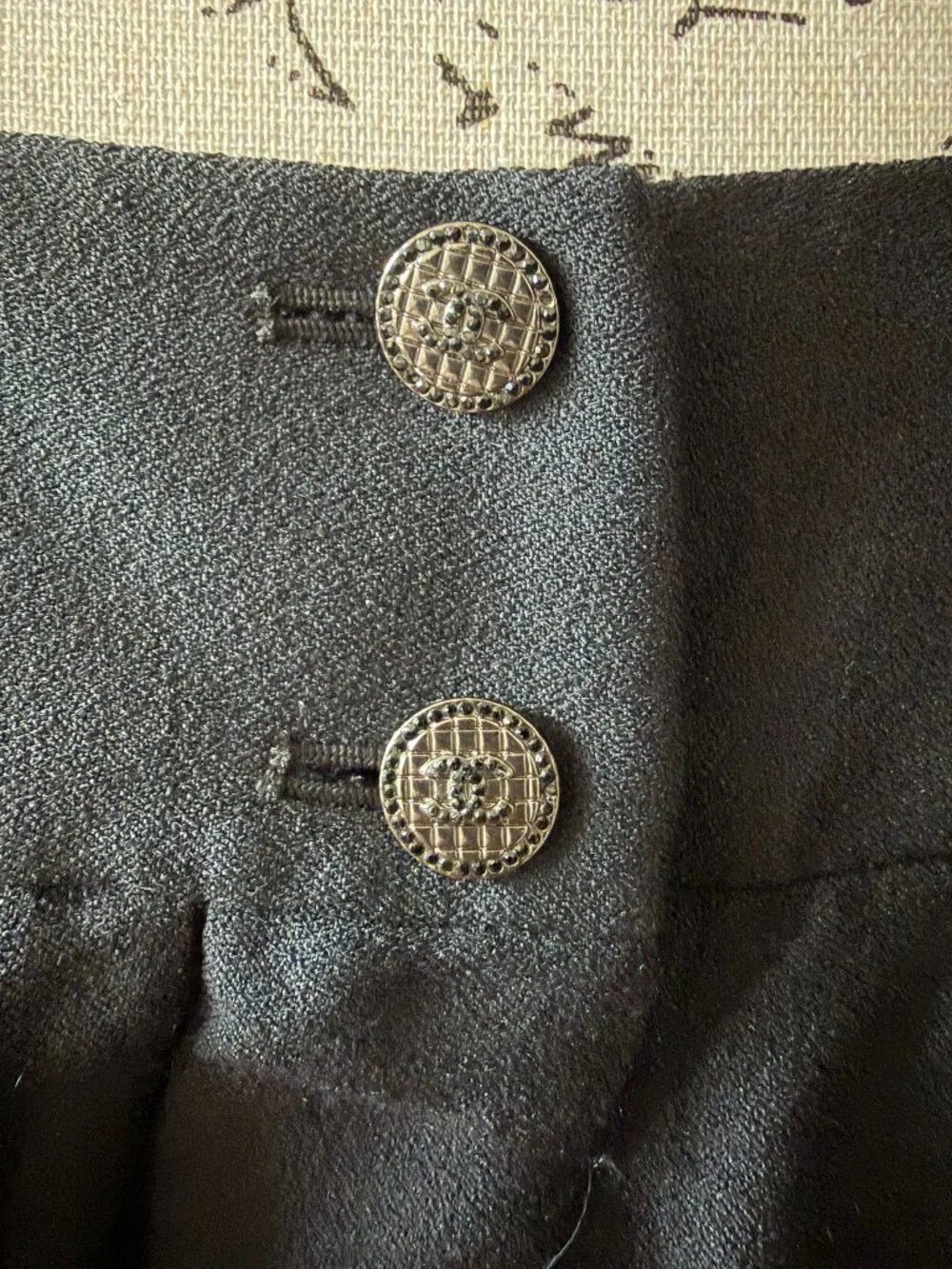CHANEL Black 100% Silk Maxi Skirt CC Logo Buttons Side Slit FR 44 Made in France